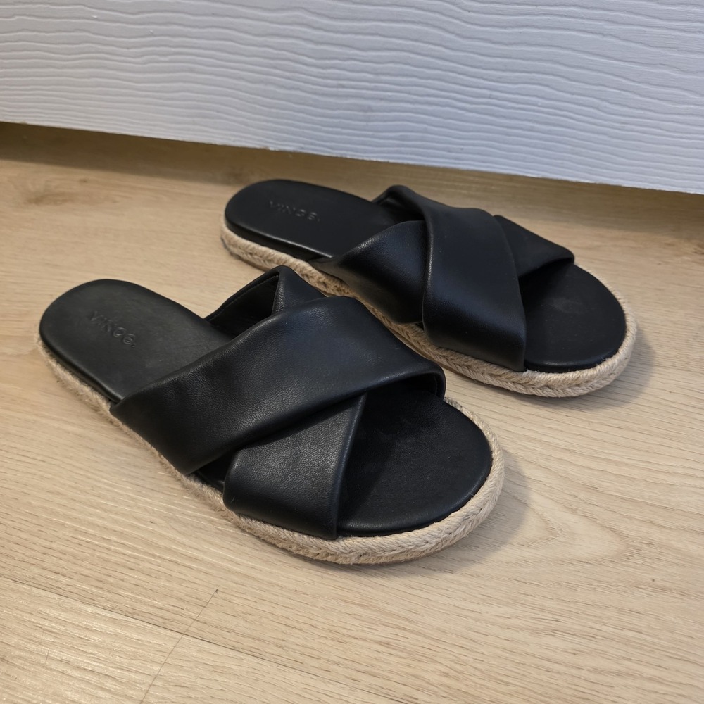 Vince Black Leather Minimalist Selene Crossover Espadrille Slide Sandals Size 7M